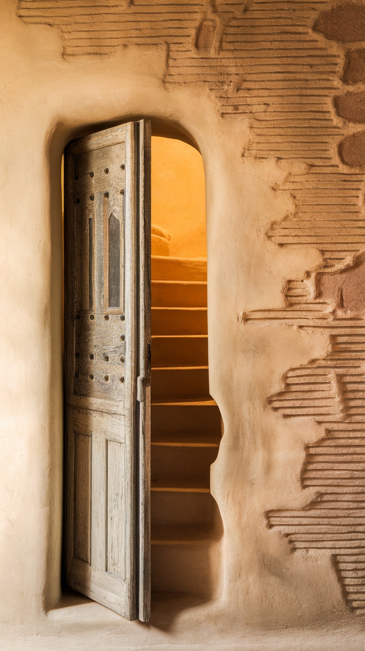 A rustic wooden door slightly ajar, revealing stairs leading up in a cozy, earthy space.