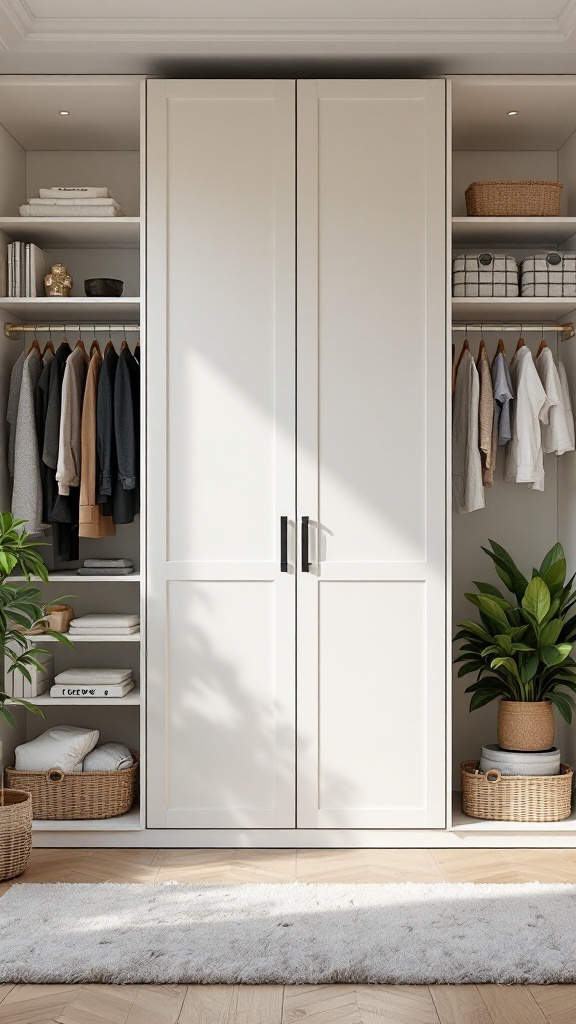 A stylish IKEA closet with white doors, neatly organized shelves, and decorative elements like plants and baskets.