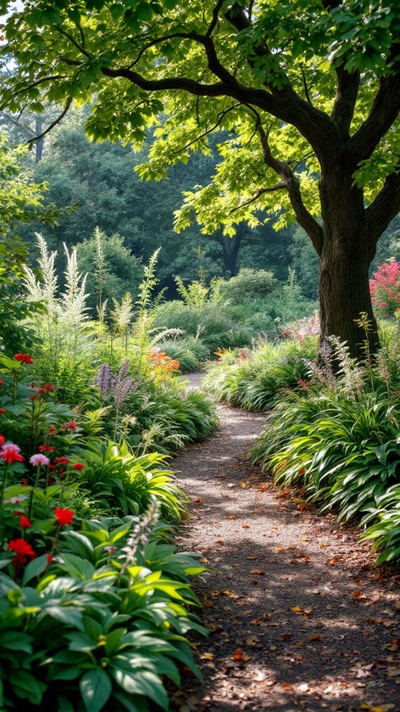 A garden path surrounded by lush green foliage and colorful flowers, illustrating shade-loving plants.