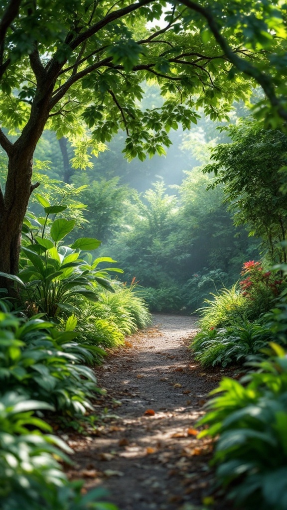 A serene pathway through a lush shade garden with vibrant greenery on either side.