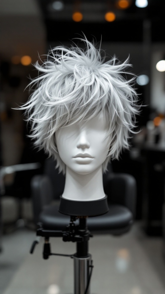 A mannequin head with a shaggy haircut showcasing fine, textured hair.