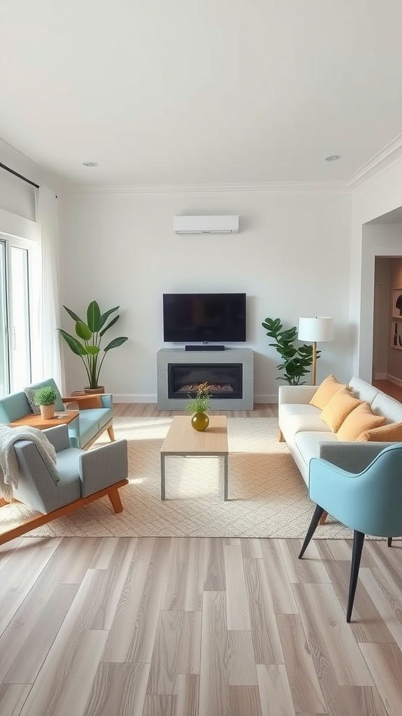 A bright living room with light blue chairs, a cozy couch, and plants, creating an inviting atmosphere for shared connections.