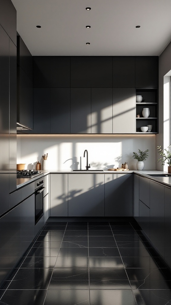 A modern kitchen featuring shiny black tiles, dark cabinets, and natural light.