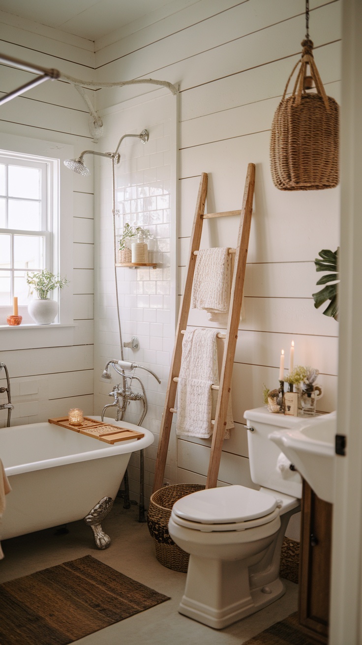 A cozy bathroom with shiplap paneling, featuring a vintage bathtub, wooden towel ladder, and decorative elements.