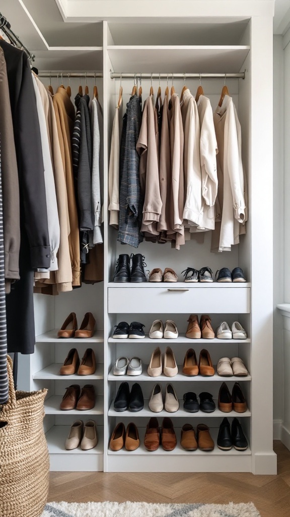 Organized closet with neatly arranged shoes on shelves and hanging clothes