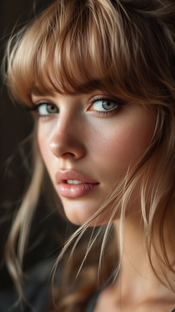 A close-up of a person with side-swept bangs, showcasing fine, textured hair