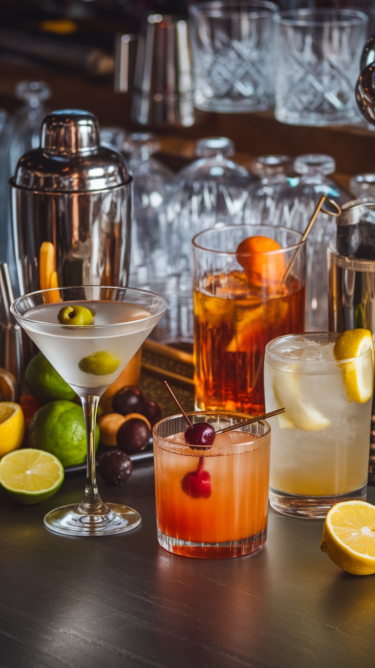 A selection of cocktails on a bar counter, featuring a martini, whiskey sour, and other colorful drinks.