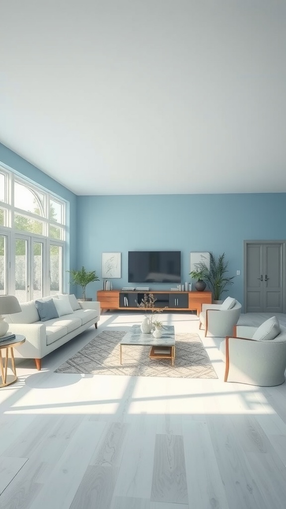 A bright and airy living room painted in sky blue with modern furnishings.