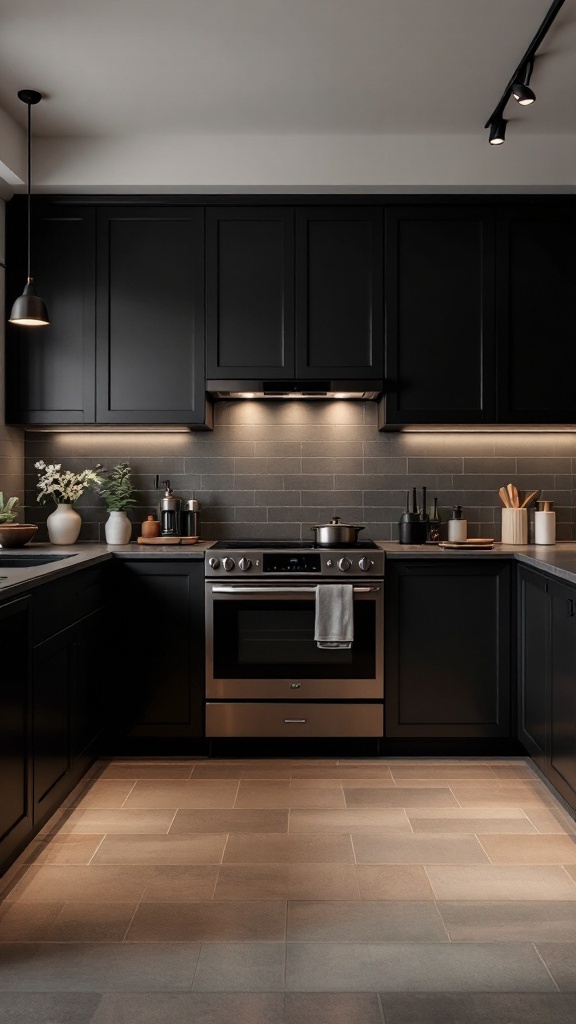 Modern kitchen featuring sleek black cabinets and stylish appliances