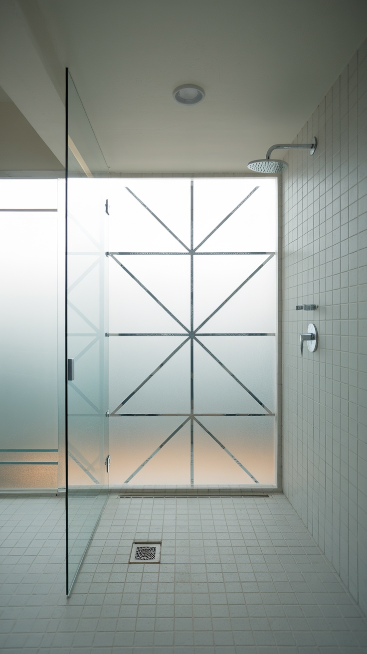 Modern bathroom featuring sleek glass panels, tiled walls, and a geometric design.