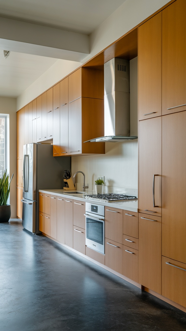 Modern kitchen with integrated appliances and sleek wooden cabinetry