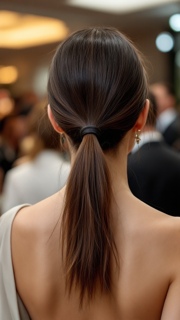 A woman with sleek, well-groomed hair styled into a ponytail, showcasing a classic hairstyle.