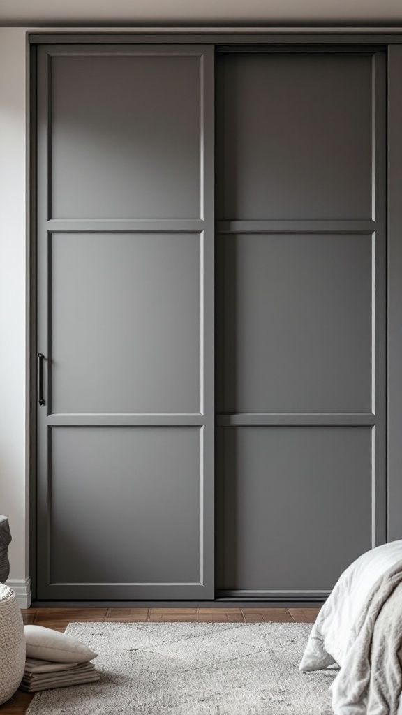 Modern gray sliding closet doors in a minimalist bedroom setting