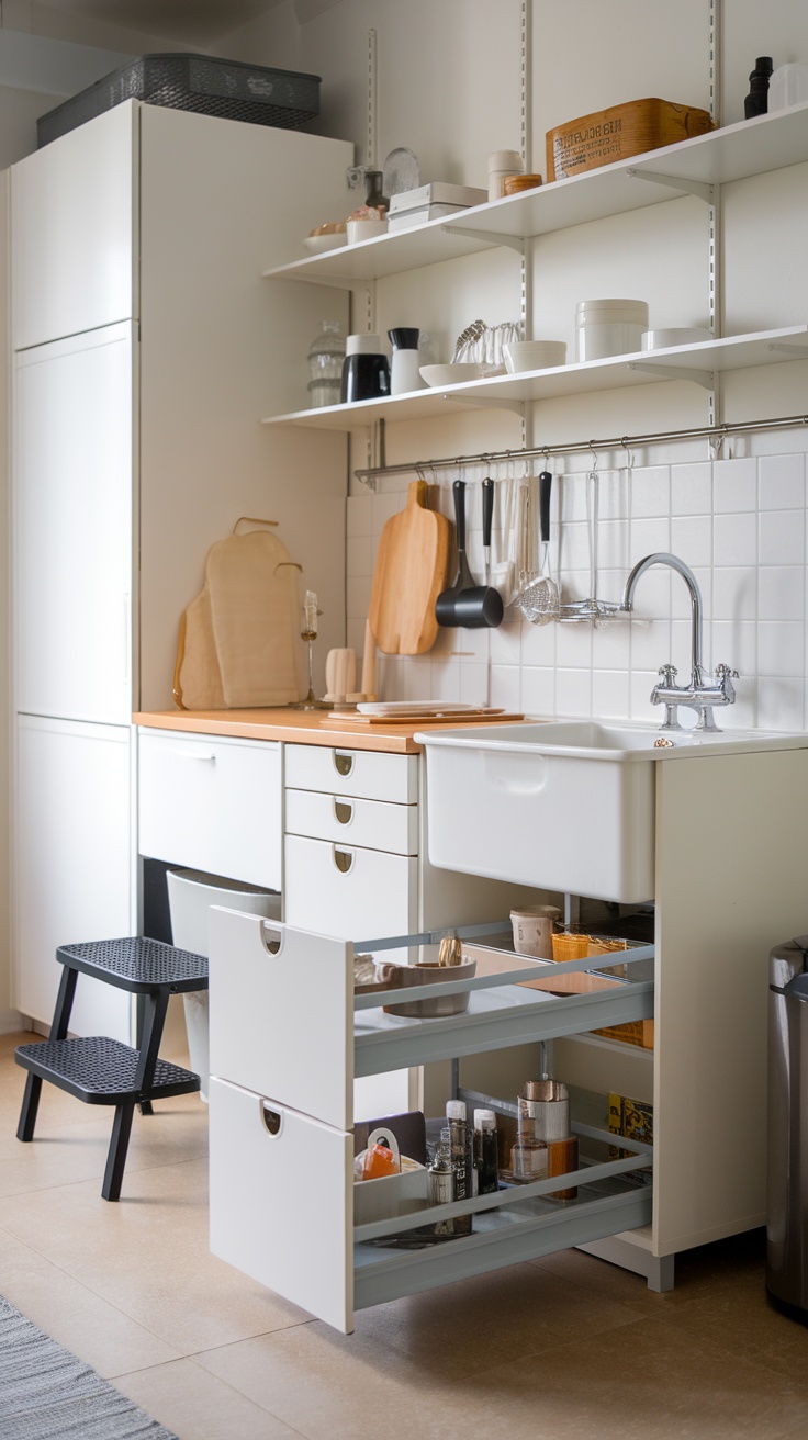 A modern Ikea kitchen featuring open shelves, organized drawers, and a functional layout for small spaces.