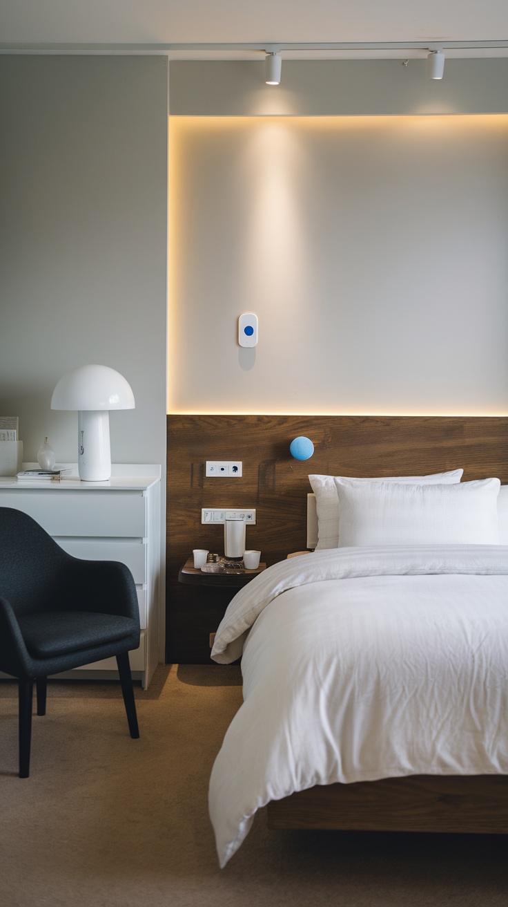 A cozy bedroom featuring smart technology, including a compact speaker and smart control panel.