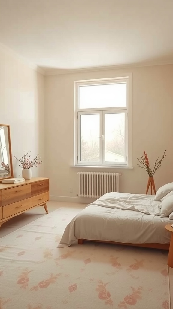 A minimalistic bedroom with soft beige walls, a wooden dresser, and large windows.