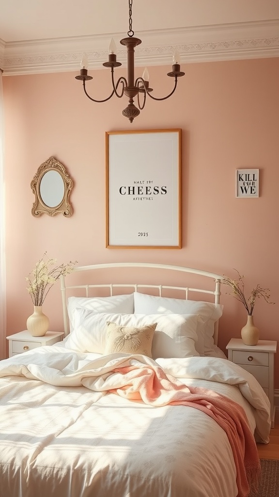 A cozy bedroom with soft blush walls, white bedding, and elegant decor.