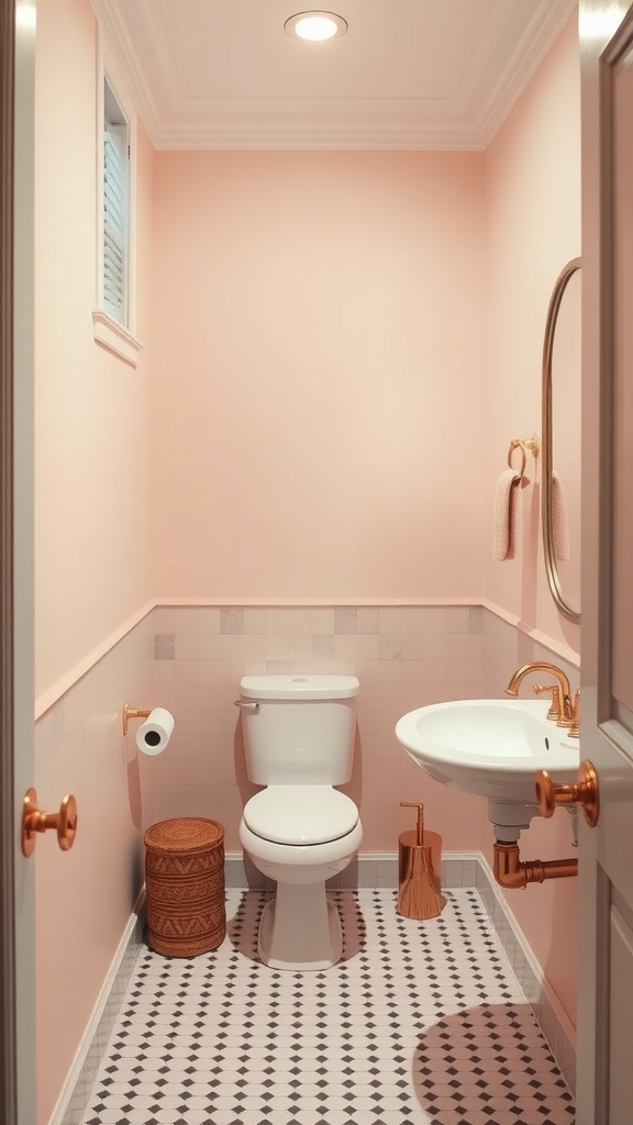 A small bathroom with soft blush pink walls, white fixtures, and gold accents.