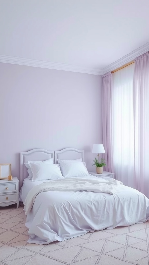 A cozy bedroom featuring soft lavender walls, white bedding, and light curtains.