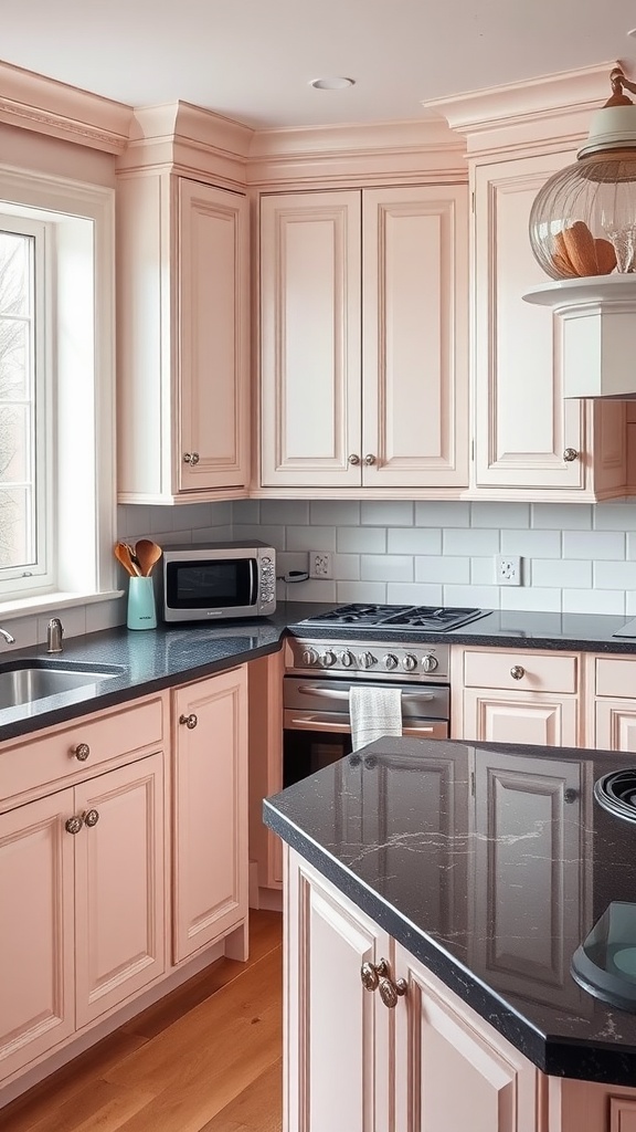 A kitchen featuring black granite countertops and soft pastel-colored cabinets.