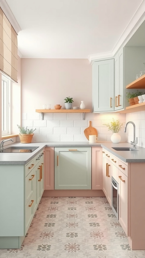 A kitchen featuring mint green and blush pink cabinets, gray countertops, and patterned flooring.