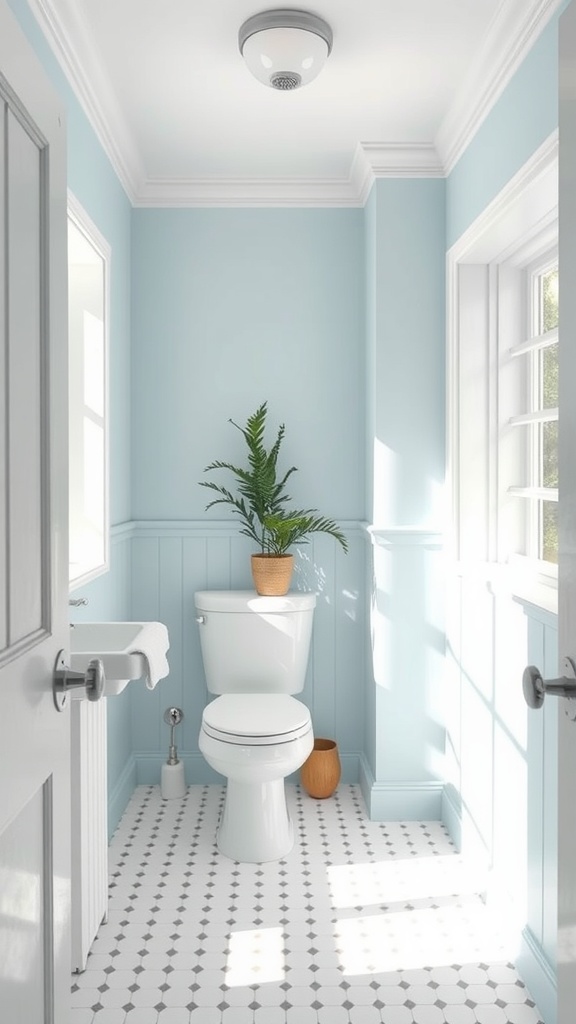 A small bathroom with soft powder blue walls, white fixtures, and a potted plant, creating a serene atmosphere.