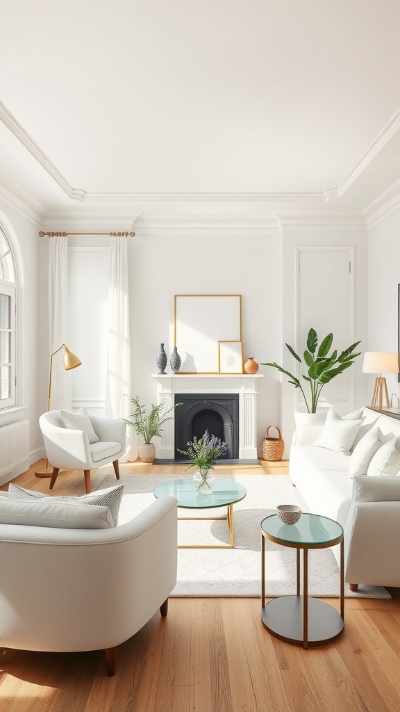 A bright living room featuring soft white walls, modern furniture, and natural light.