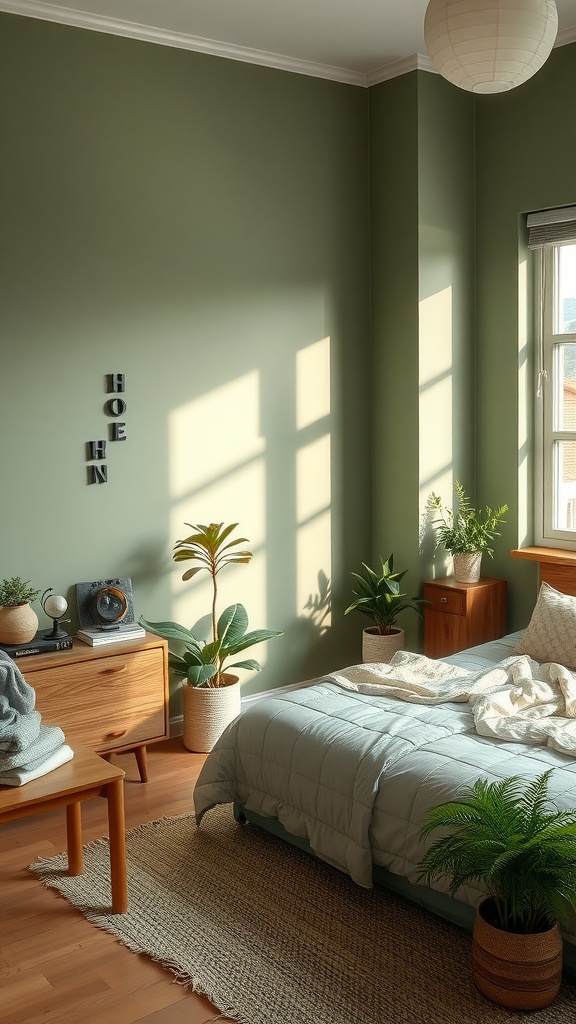 A cozy bedroom with sage green walls, wooden furniture, and plants, creating a calming atmosphere.