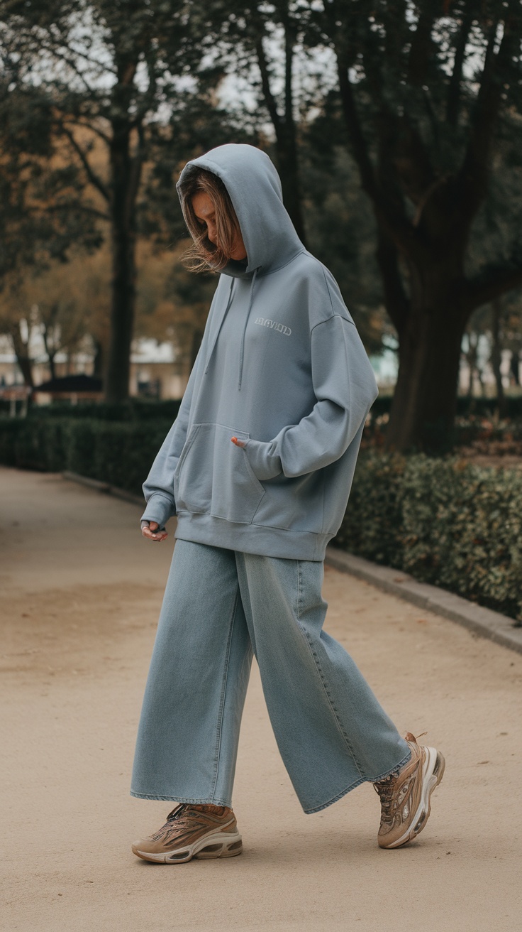 A person wearing wide leg jeans, a hoodie, and sneakers walking in a park.