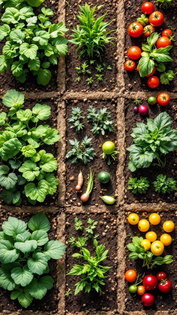 An organized square foot garden layout with various vegetables and herbs planted in squares.