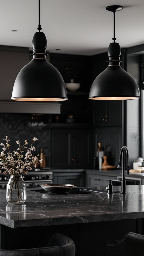 Two stylish black pendant lights over a dark kitchen countertop with floral decor.