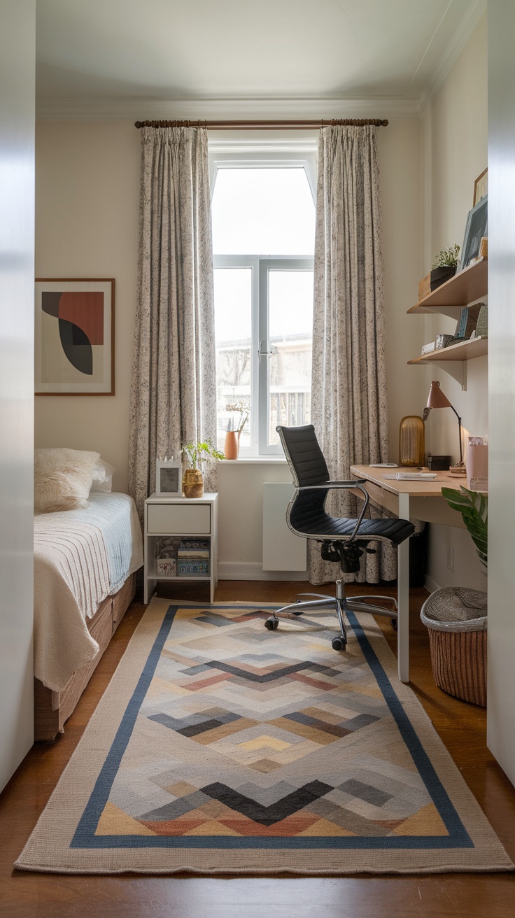 Cozy small bedroom with a rug, bed, workspace, and natural light