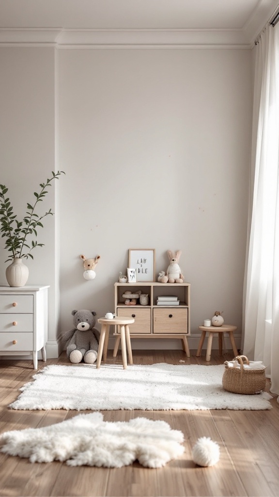 A cozy kids' room styled in Japandi aesthetic with minimalistic furniture and soft colors.