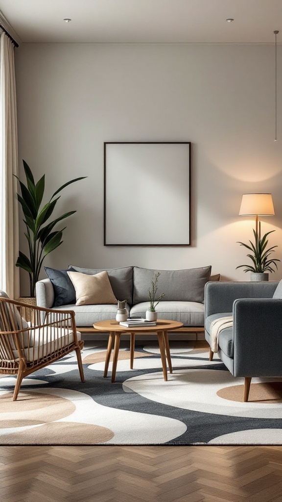 A stylish living room featuring a Japandi rug, IKEA furniture, and plants.