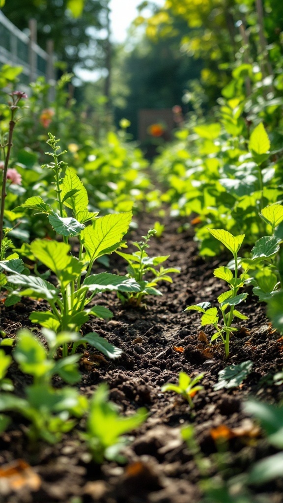 A vibrant garden with young plants growing in neat rows under sunlight.