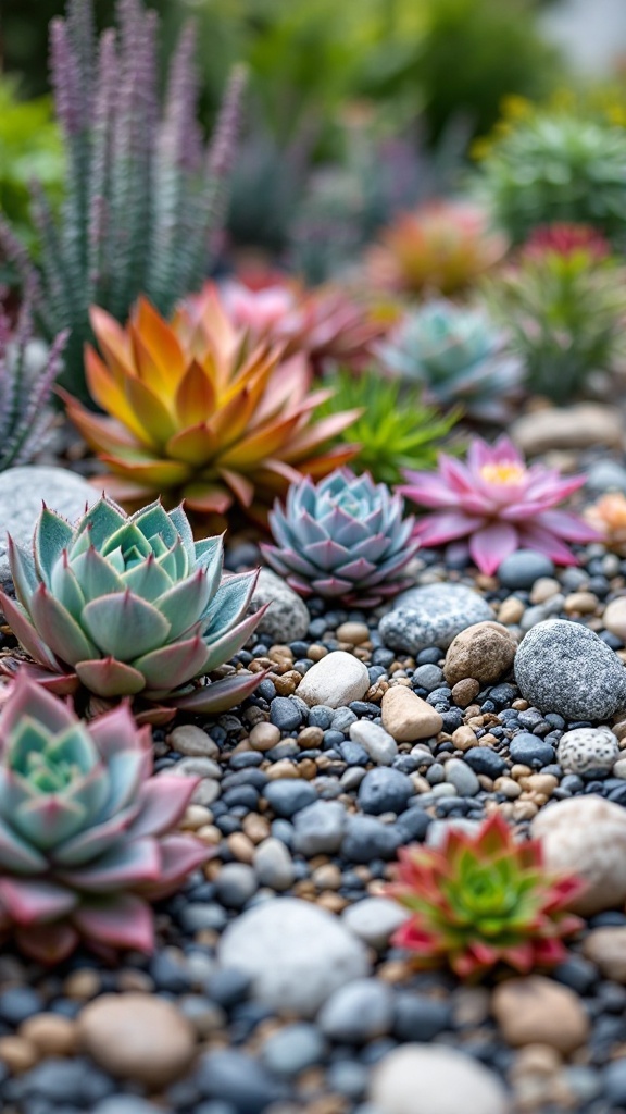 Colorful succulents arranged with various stones in a front flower bed.