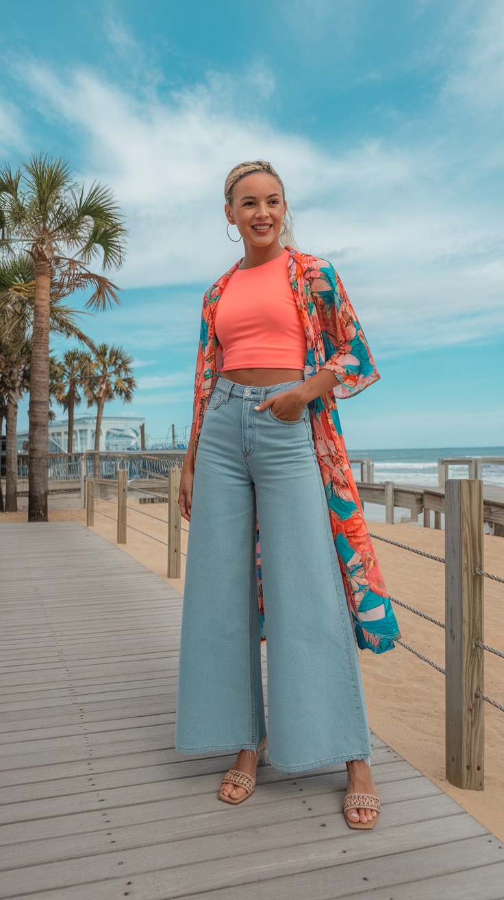 Woman in wide leg jeans and a coral crop top, standing outdoors with sandals on a sunny day.