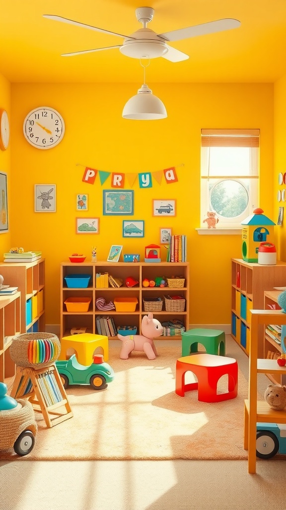 A bright yellow playroom filled with toys and colorful furniture.