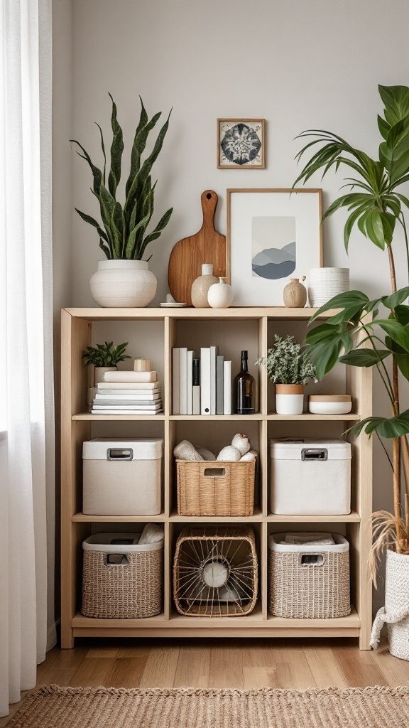 A wooden storage unit with plants, baskets, and decorative items.