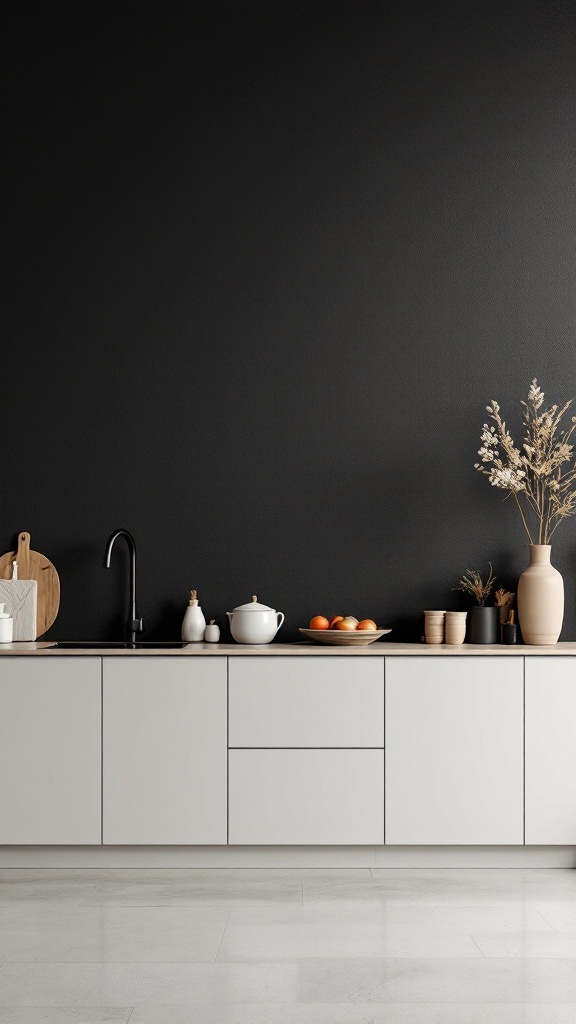 A modern kitchen with textured black walls and white cabinetry.