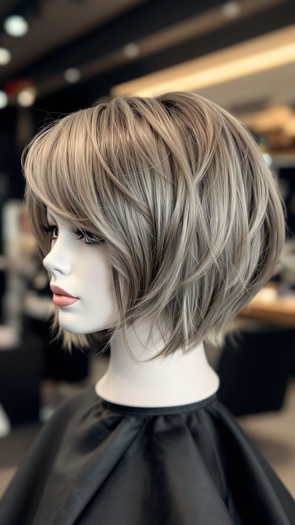 A stylish textured bob haircut on a mannequin, showcasing layers that add volume to fine hair.