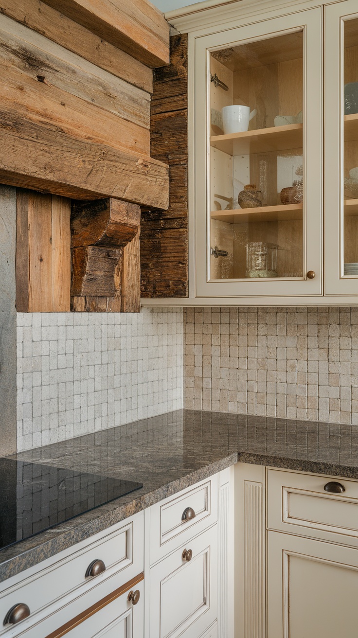 A kitchen featuring wooden textures and a tiled backsplash, showcasing a mix of rustic and modern design elements.