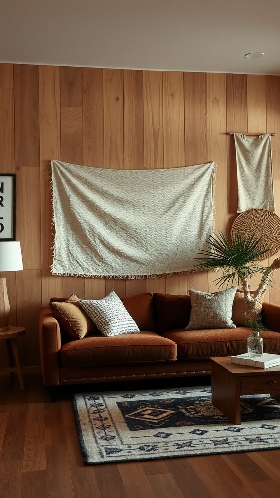 A cozy living room featuring textured wood walls, a brown sofa, and decorative fabrics.