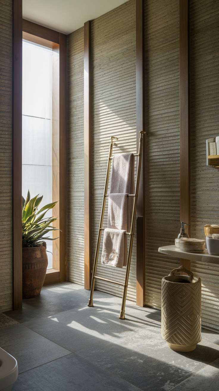 A modern bathroom featuring textured wood panels, a towel rack, and a potted plant.