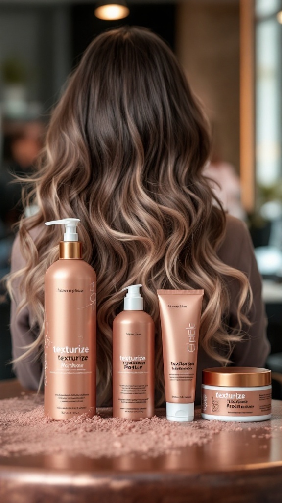 A collection of texturizing hair products displayed next to long, wavy hair.