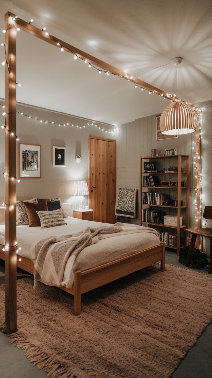 A cozy bedroom with layered lighting, featuring fairy lights, a pendant lamp, and a bedside table lamp.