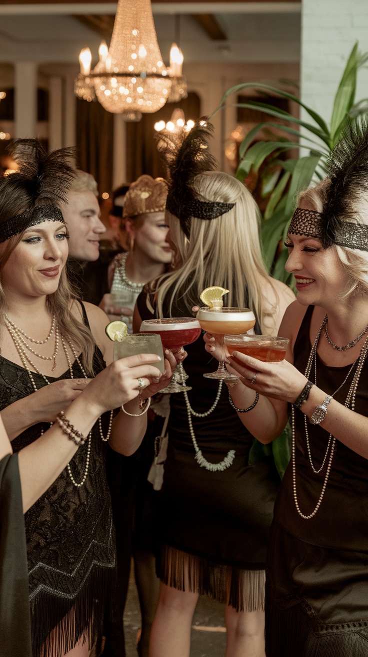 Group of friends enjoying themed cocktails dressed in 1920s attire in a cozy setting.