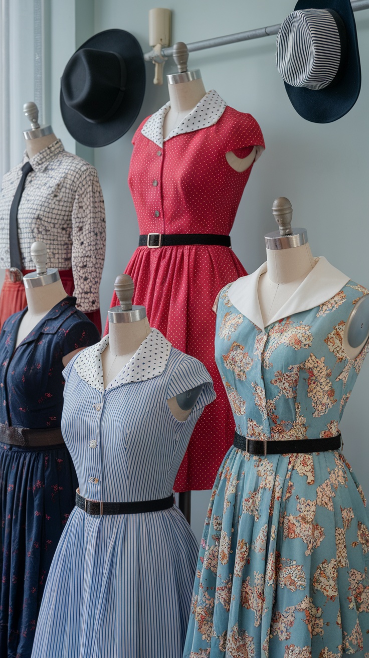 A collection of vintage dresses and hats displayed on mannequins, showcasing a retro fashion style.