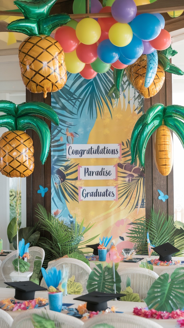 A decorated graduation party scene with tropical theme, featuring balloons, pineapple decorations, and congratulatory signs.