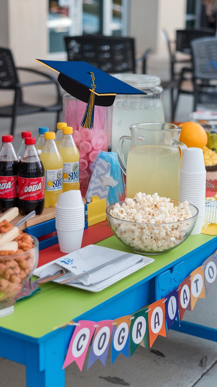 A colorful graduation-themed refreshment station with snacks and drinks.